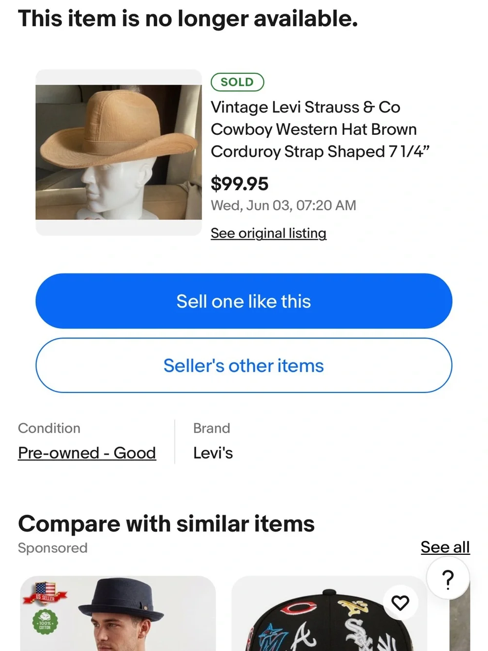 Levi's 70s Tan Corduroy Wide-Brim Fedora with Decorative Band 1970s